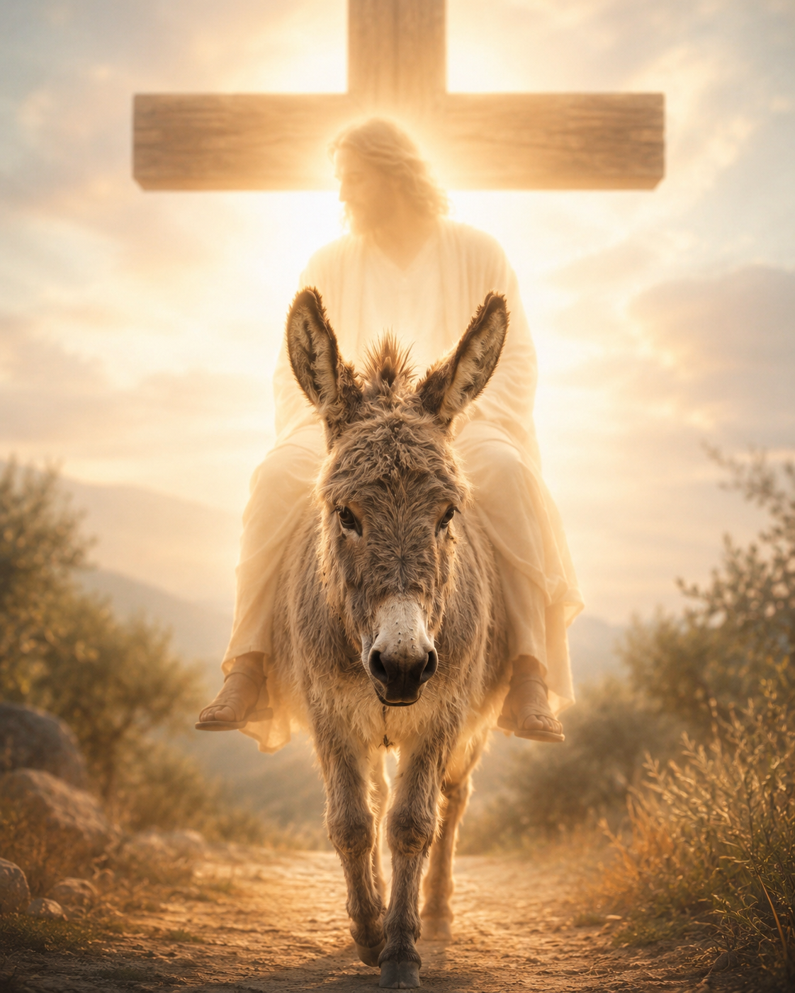 A front facing donkey with Jesus shown as light and a cross behind them